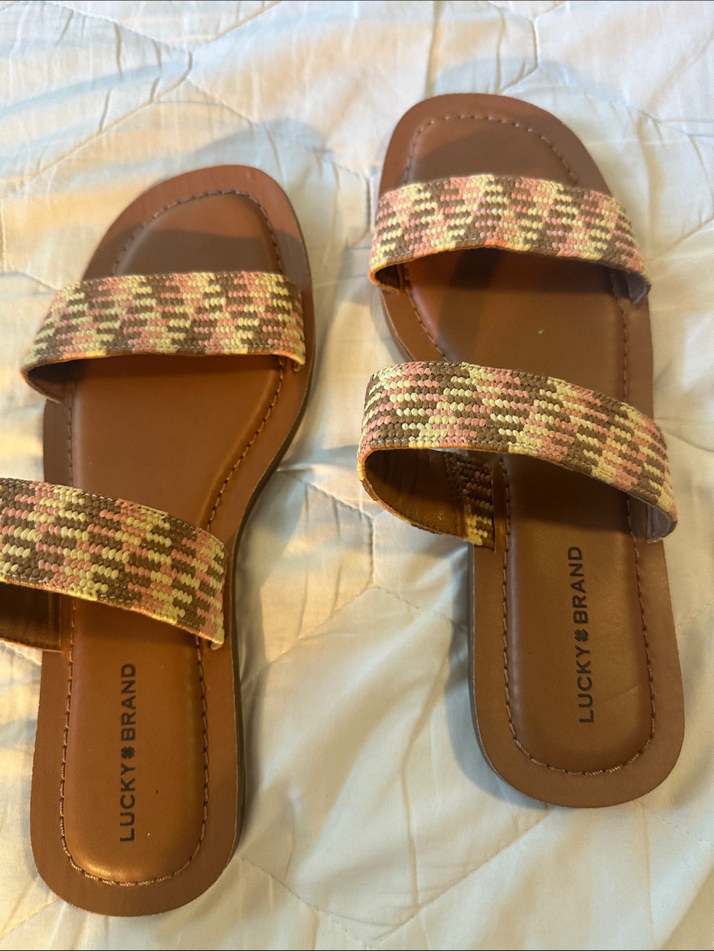 Lucky Brand Brown Slide Sandals with Pink and Cream Woven Straps